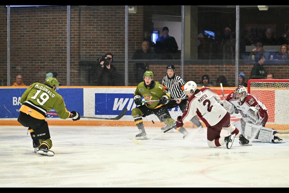 Kyle McDonald with a goal that was disallowed in the first period. Photo by Tom Martineau/BayToday. 