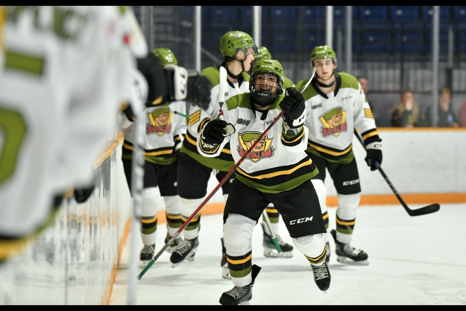 Steph Forgione celebrates his second period tally for the Battalion. 
