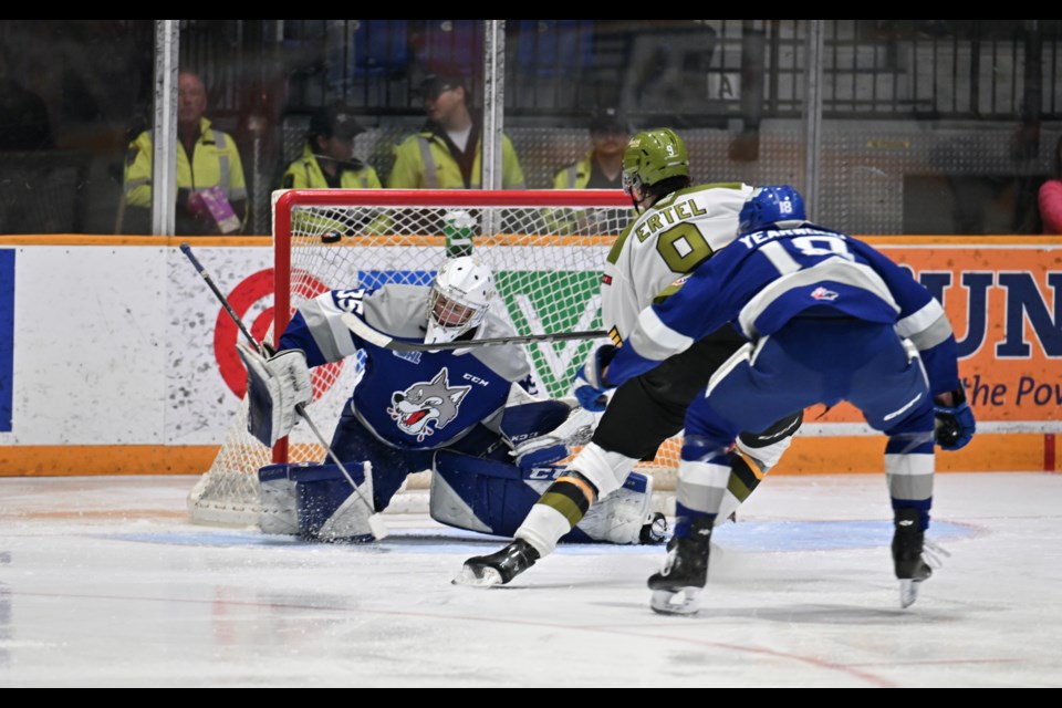 Ertel goes upstairs on rookie Wolves netminder Andrew Gaulton. 