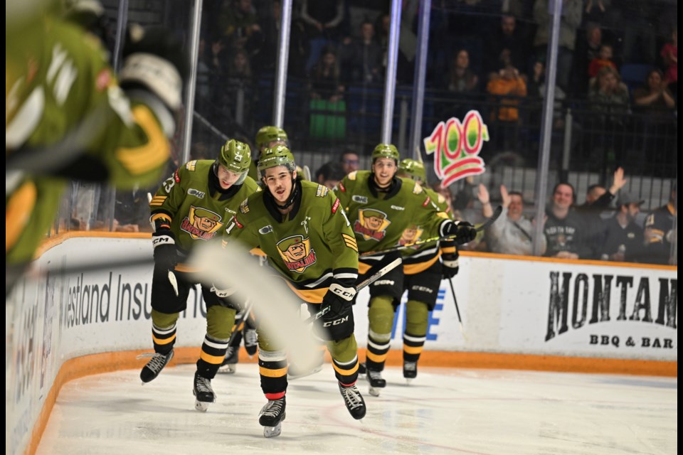 Battalion Captain Liam Arnsby heading back to the bench after a goal.