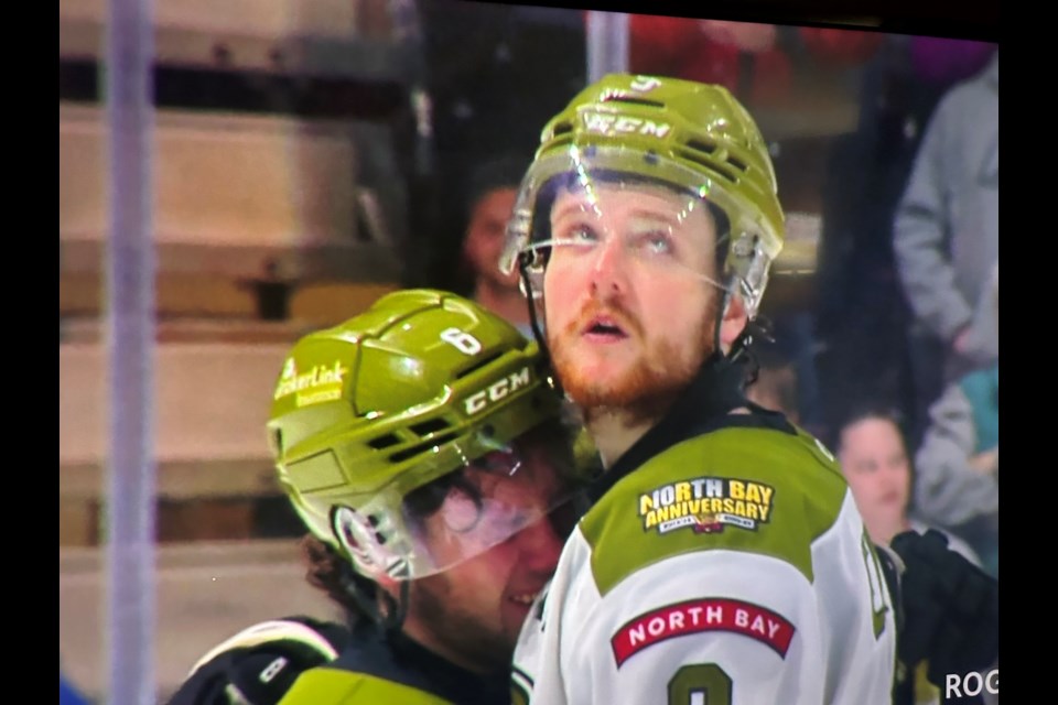 Justin Ertel and Jacob Therrien react to the end of the game in the Battalion game seven loss to Oshawa.