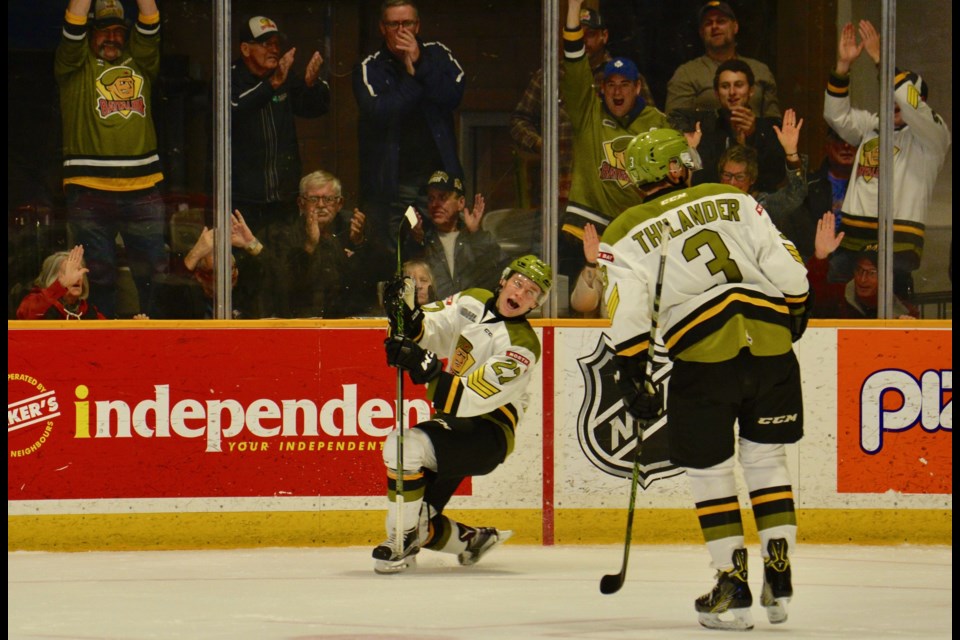 Adam McMaster scores his first goal at home versus the 67’s. Photo by Tom Martineau. 