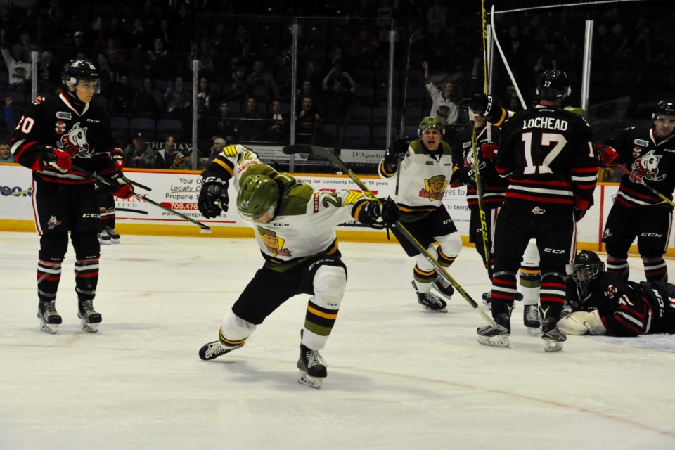 Battalion centre Brad Chenier celebrates his goal in a 3-1 opening night loss to the Niagara IceDogs. Photo by Tom Martineau