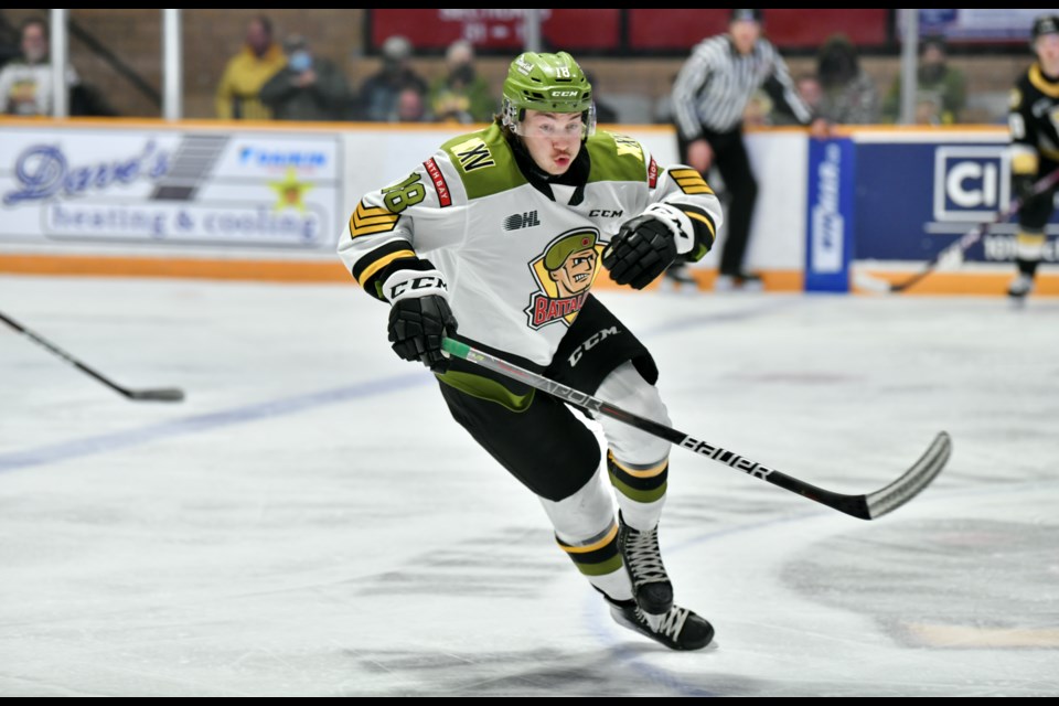 Josh Bloom in his first game with the North Bay Battalion. Photo by Tom Martineau. 