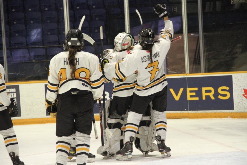 The North Bay U18 Ice Boltz celebrate a one-goal victory.  Photo by Chris Dawson/BayToday. 
