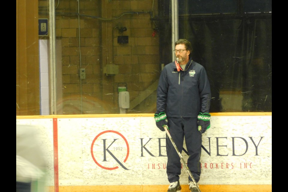 Lakers women's hockey Head Coach Darren Turcotte watches on as the team practices ahead of the McCaw Cup game against Toronto. Photo by Matthew Sookram. 