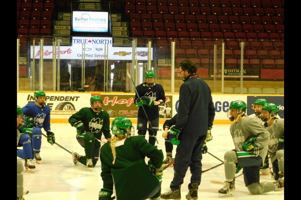 The Lakers women's hockey team practice ahead of the McCaw Cup game against Toronto. Photo by Matthew Sookram. 