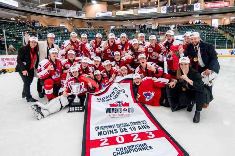 North Bay's Joe Butkevich celebrates a gold medal victory with Team Ontario Red at the National Women's U18 Championships in Dawson Creek, BC. 