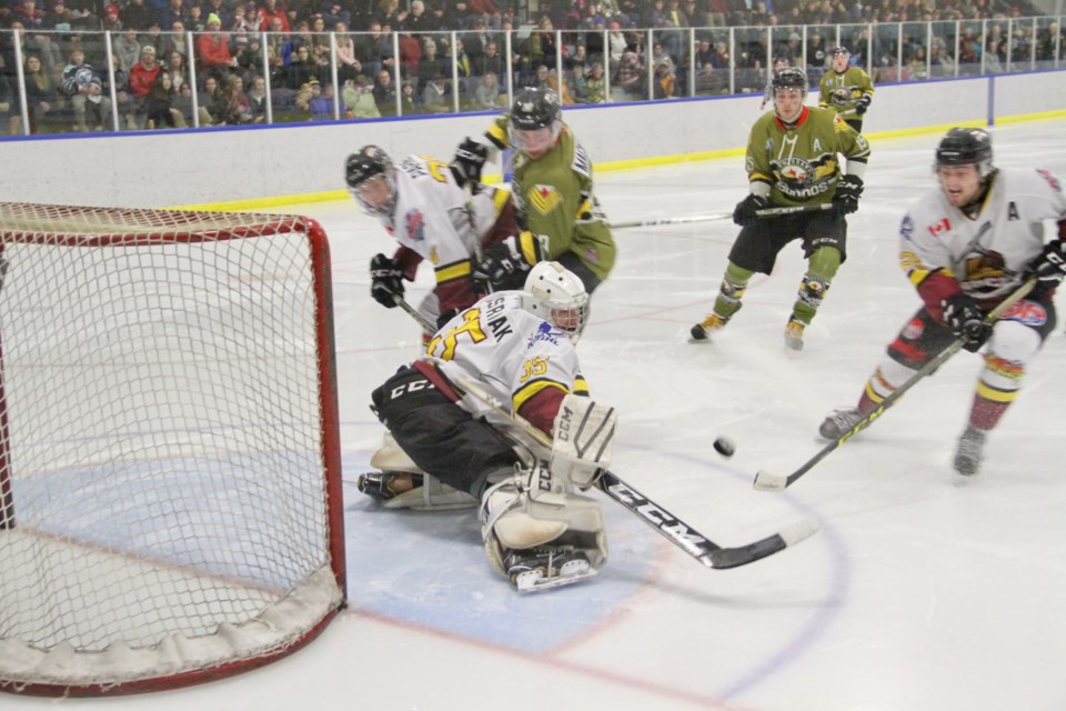 Voodoos get a great chance in a dominating second period where they scored five times.  Photo by Chris Dawson. 