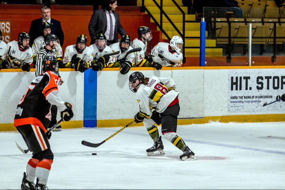Voodoos forward Liam Serviss races through the neutral zone in game two in Hearst. Photo courtesy NOJHL. 