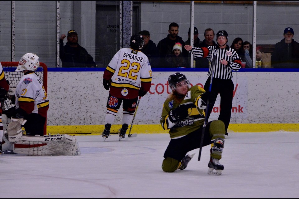 Gary Mantz had this goal plus two assists to help lead the Voodoos to a 6-2 victory over the Timmins Rock, and giving Powassan a 1-0 lead in the series. Photo by Tom Martineau.