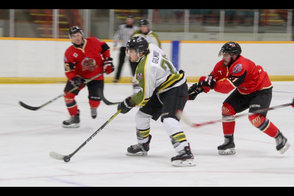 Voodoos forward Tyson Gilmour with a second period rush.  Photo by Chris Dawson.  