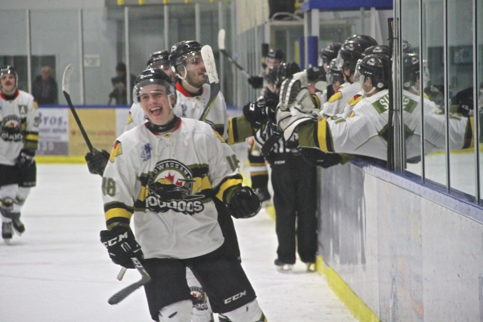 Brett Hahkala scored a hat trick and added an assist to lead the Powassan Voodoos to a 5-2 victory over the Eskis, Monday. The win clinched first overall in the NOJHL regular season standings. Photo by Chris Dawson.