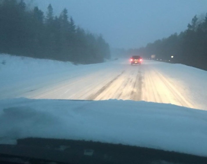 Road conditions are poor on Highway 11 this morning. Photo courtesy Timiskaming District Road Safety Coalition.