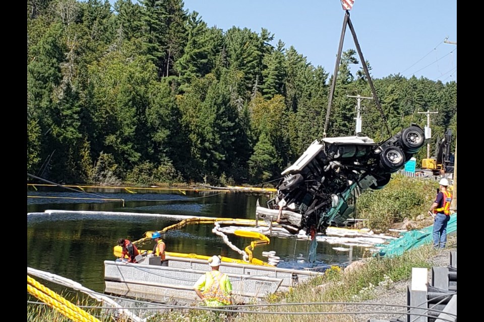 The transport truck has successfully been removed from Angus Lake near Temagami. Courtesy OPP.