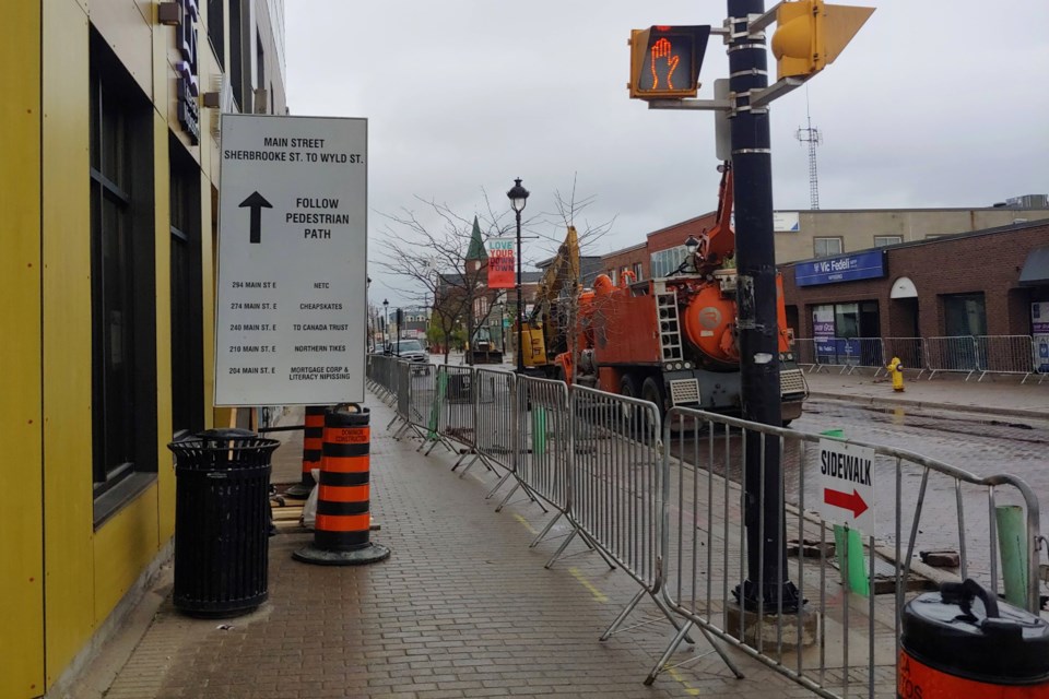 The downtown block between Wyld Street and Sherbrooke Street is closed to vehicular traffic but pedestrian access to businesses remains open.