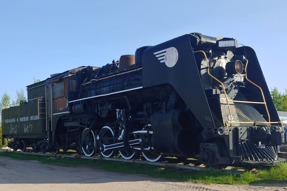 Engine 503 sits in a City of North Bay yard.