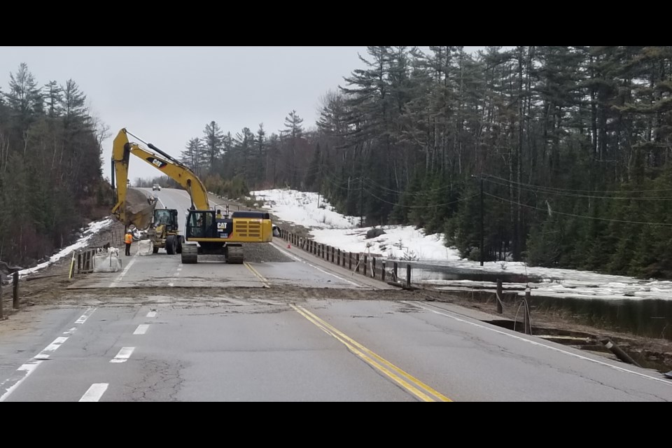 Highway 17 is closed at Bissett Creek. This is where the cut is for the temporary culvert. Supplied.