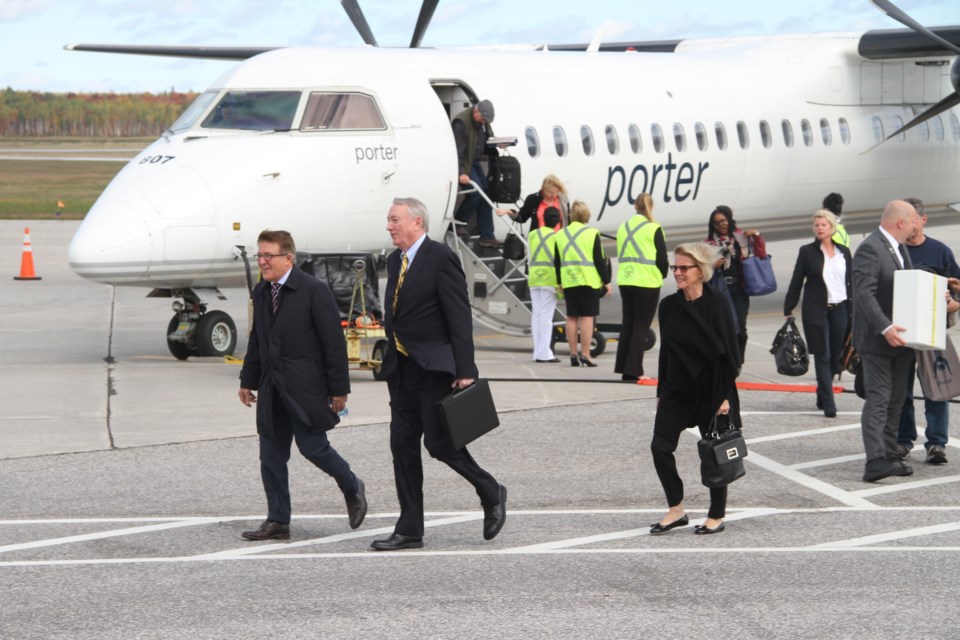 Porter Airlines CEO Robert Deluce arrives for the first Porter flight to North Bay in October of 2015.  Photo by Chris Dawson.  