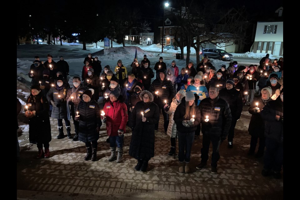 Men, women, and children of all ages attend Peace Vigil for Ukraine in North Bay Friday night.