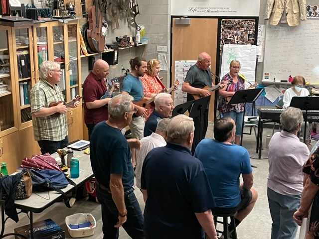 Almaguin Choral Society rehearsing for concerts on June 15 and 16 at Land of Lakes in Burk's Falls  
photo courtesy Gloria Kidd 