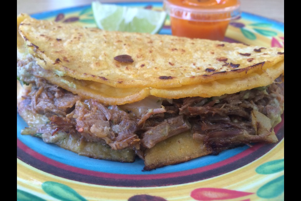 Quesabirria-a corn tortilla with shredded beef and cheese on it. Inside is a little cilantro and green onions. The salsa is a homemade hot salsa.