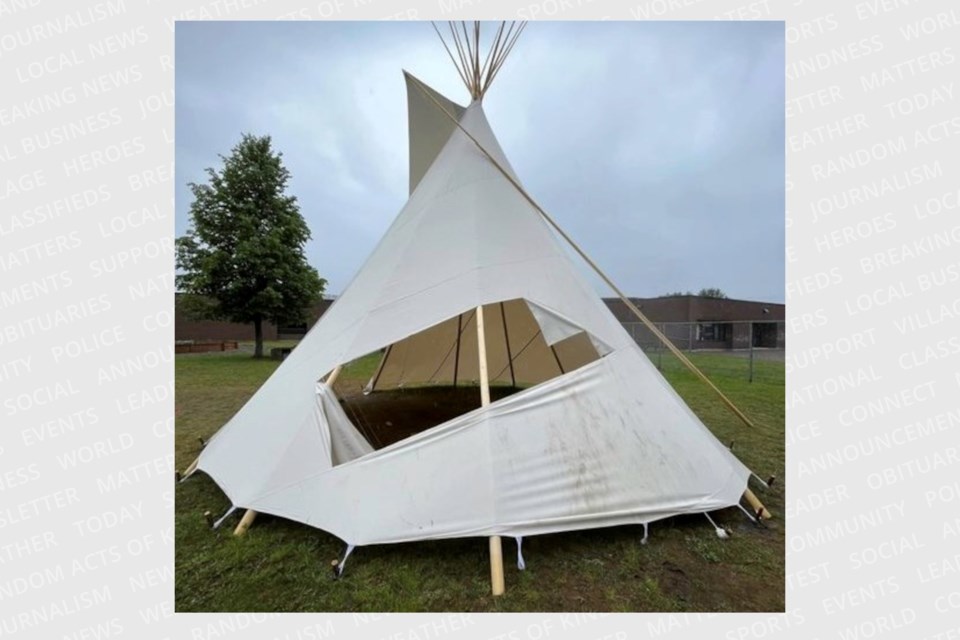 teepee vandalized Our Lady of Sorrows Sturgeon Falls~June 2022small~edit one~crop2