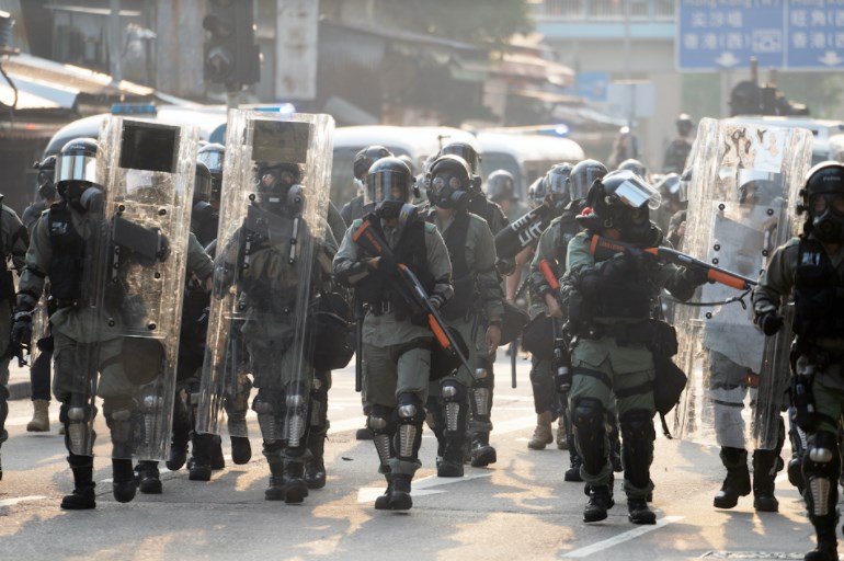 Heavily armed Hong Kong police patrol the streets as protests rage across the city on October 20, 2019. Pro-democracy citizens view the city’s police force as one that serves Beijing’s interests and under strict control of the Chinese Communist Party. The Justice Institute of B.C. could be certifying officers tasked to subdue freedom of expression, critics say. Nikada/Getty Images photo.