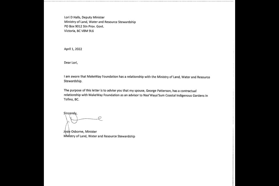 Letter obtained via FOI from the Ministry of Land, Water and Resource Stewardship that says, says: “I am aware that MakeWay Foundation has a relationship with the Ministry of Land, Water and Resource Stewardship. "