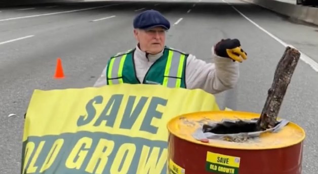 Save Old Growth protester William Winder illegally blocked the Trans-Canada Highway in Burnaby on April 13