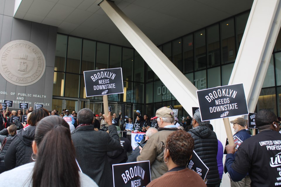 A crowd rallies for additional funding for SUNY Downstate Medical Center in Flatbush. 