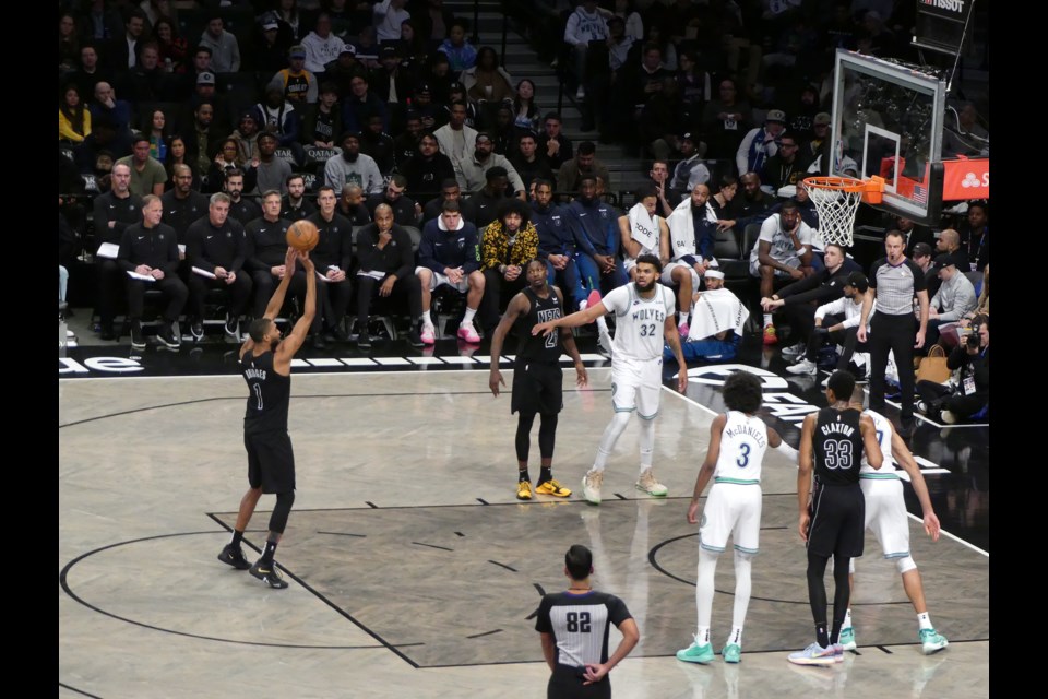 The Nets' Mikal Bridges shoots a free throw. Photo by Richard Burroughs for BK Reader. 