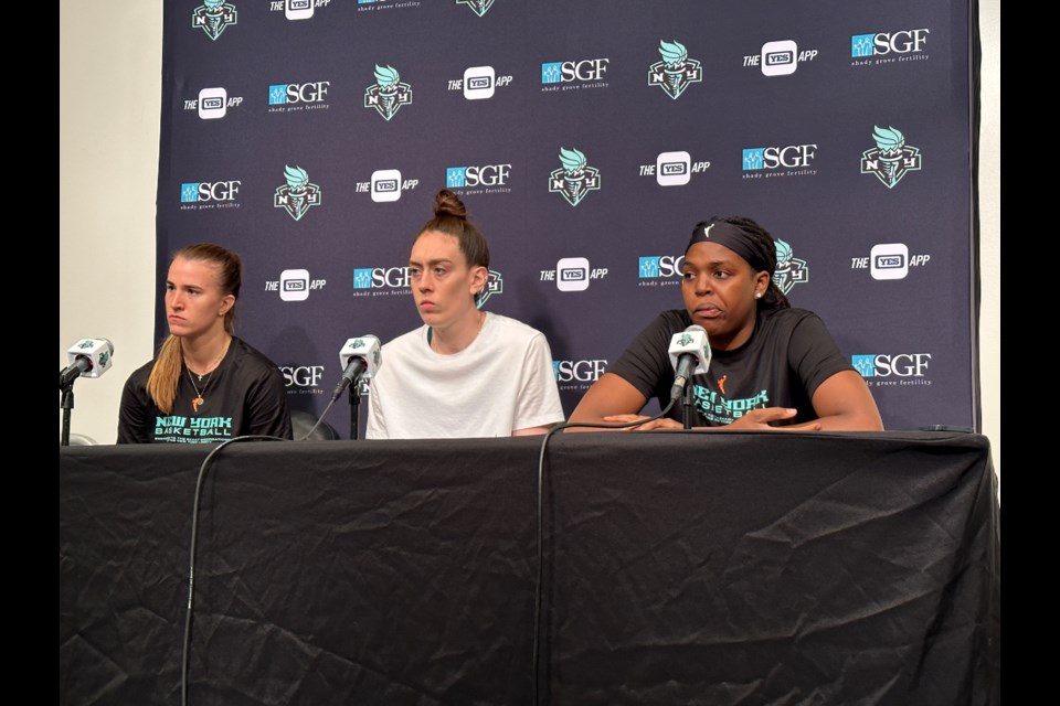 Sabrina Ionescu, Breanna Stewart and Jonquel Jones speak at a press conference ahead of their 2023 season kickoff.