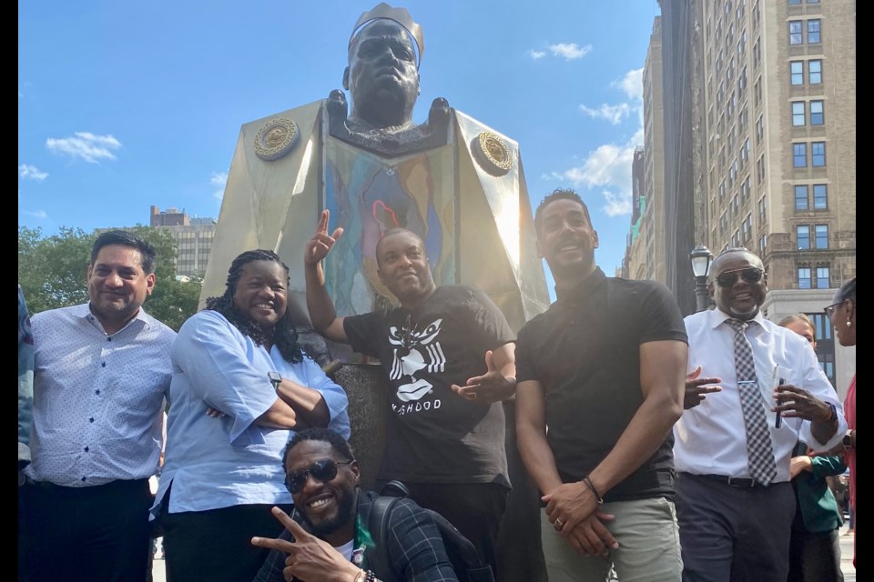 Borough president Reynoso, public advocate Jumaane Williams, artist Sherwin Banfield, deputy borough president Kim Council and Sayar Lonial at the Aug. 2 event. 