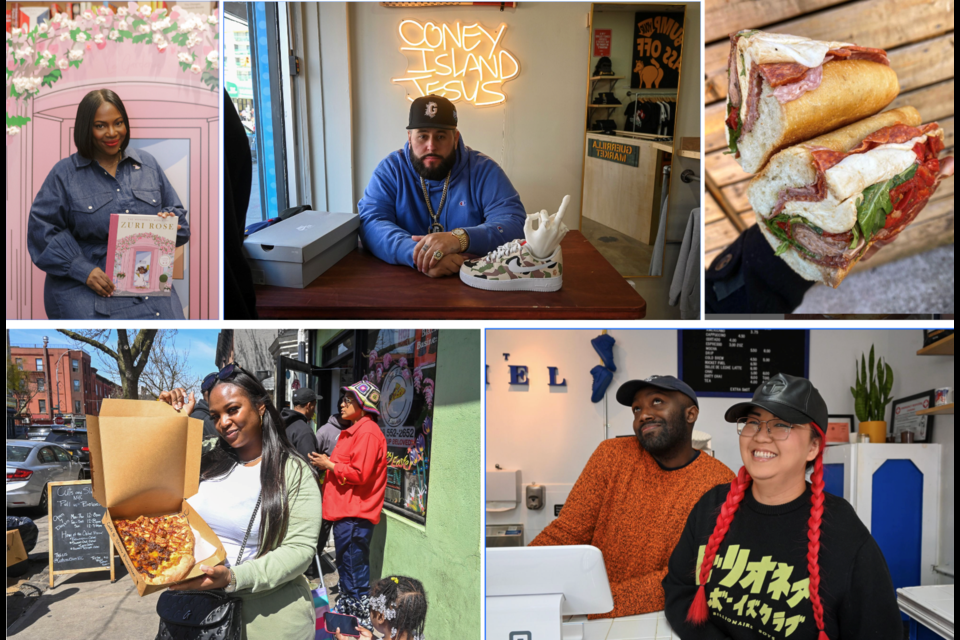 Clockwise from left: Book Author Makini Royal Martin, Rapper NEMS; a sandwich from Anthony & Son Panini Shoppe; a customer outside of Cuts & Slices; Benny Emeri and Carolina Wang of EatGoodNYC.