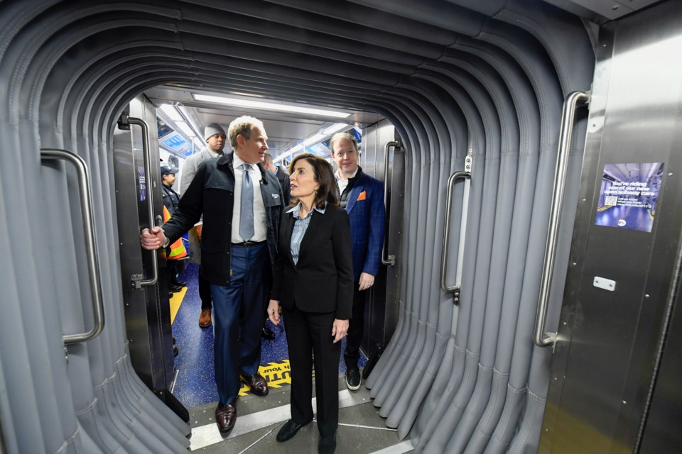 Governor Kathy Hochul and MTA Chair & CEO Janno Lieber unveil and take an inaugural ride on the first R211T subway along the C line from the 207 St Yard on February 1. 

