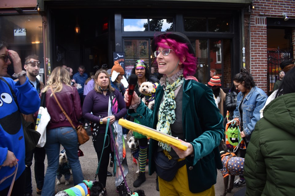 Creator of Eastern Barkway, Amelia Deslongchamps, introducing contestants for the costume contest.