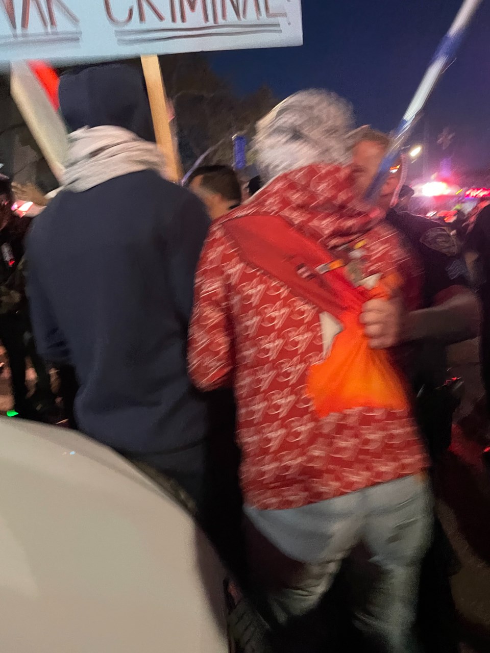 A police officer in the process of shoving a protester.