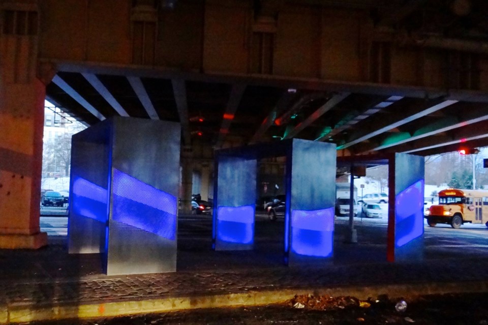 "Silent Lights," a brand-new pedestrian walkway-of-lights at Park Avenue and Navy Street underneath the BQE, Photo: BK Reader