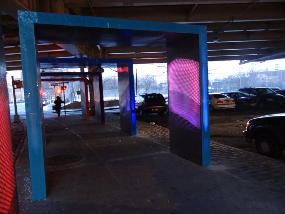 "Silent Lights," a brand-new pedestrian walkway-of-lights at Park Avenue and Navy Street underneath the BQE, Photo: BK Reader