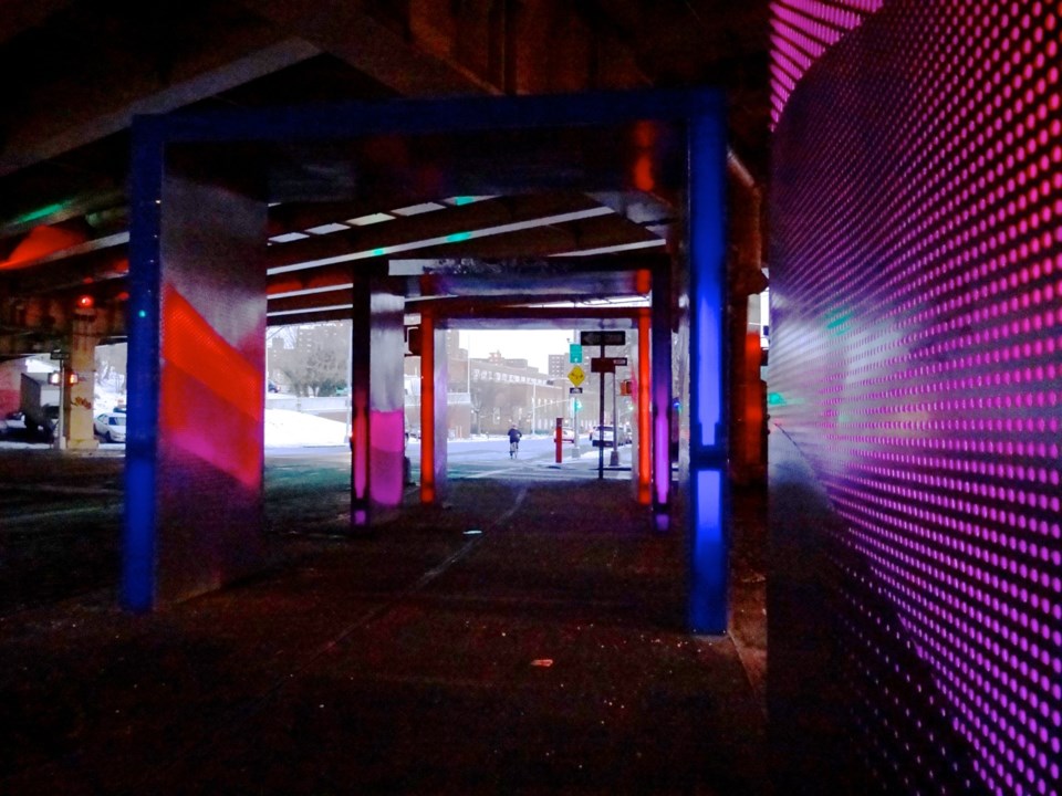 "Silent Lights," a brand-new pedestrian walkway-of-lights at Park Avenue and Navy Street underneath the BQE, Photo: BK Reader