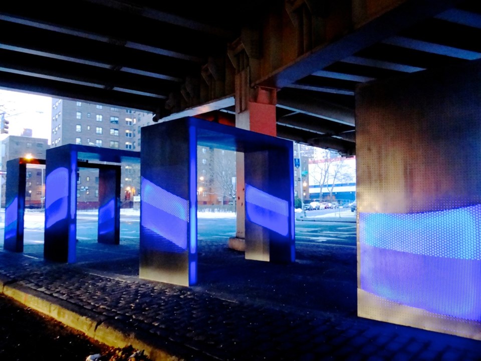 "Silent Lights," a brand-new pedestrian walkway-of-lights at Park Avenue and Navy Street underneath the BQE, Photo: BK Reader