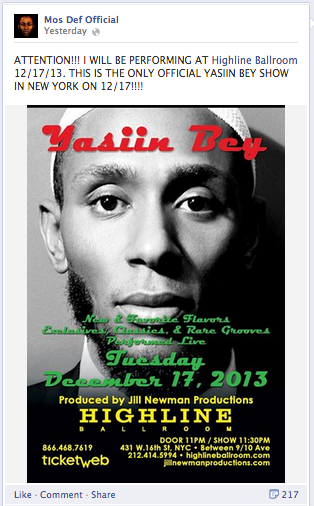 Yasiin Bey Cancels performance at Highline Ballroom