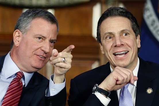 New York City Mayor Bill de Blasio and New York Gov. Andrew Cuomo at during a news conference Monday.  Photo: AP