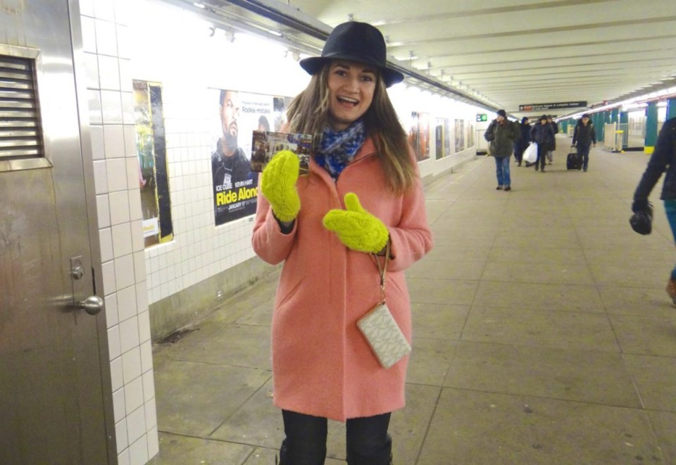 This is Monica. We took this picture on one of the freezing-cold days last week. She was bundled up like the rest of us, but she still managed to employ her signature style while staying warm!