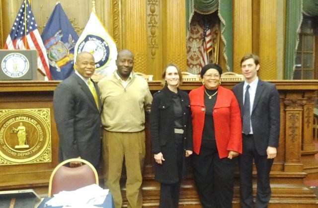 (l to r) Brooklyn Borough President Eric Adams with CB2 board members Lenue Singletary, Theresa Ward and Shirley A. McRae, and City Councilmember Stephen Levin