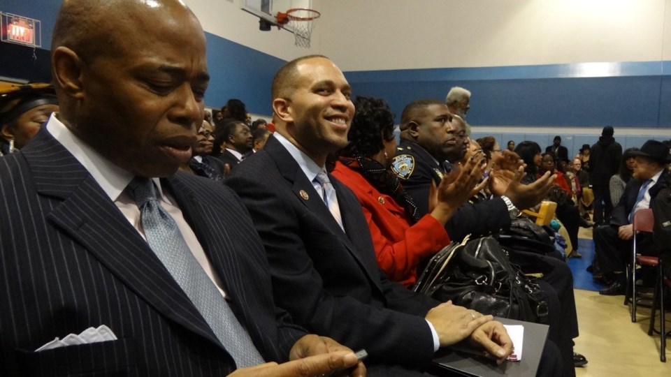 Congressman Hakeem Jeffries, next to Brooklyn Borough President Eric Adams at the Inauguration Ceremony of City Councilmember Laurie Cumbo (D-35)