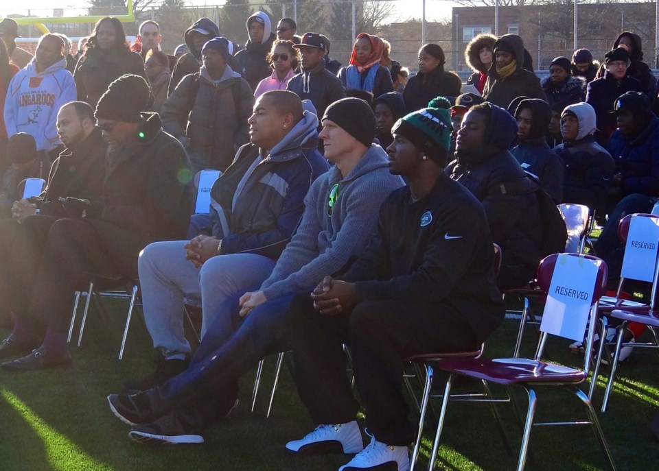 (l to r) Former Miami Dolphin Jonathan Martin and New York Jets Players Nick Folk and Jaiquawn Jarrett 