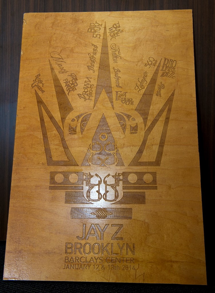 Custom stained wooden piece for JAY Z based on Brooklyn-based artist One-9's signature chess piece collection