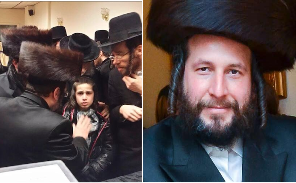 One of eight children (photo on left) is surrounded by elder Satmar as he learns about the murder of his father, Menachem Stark (right)<br />Photo: Courtesy Yaacov Behrman and ELI WOHL/VIN NEWS